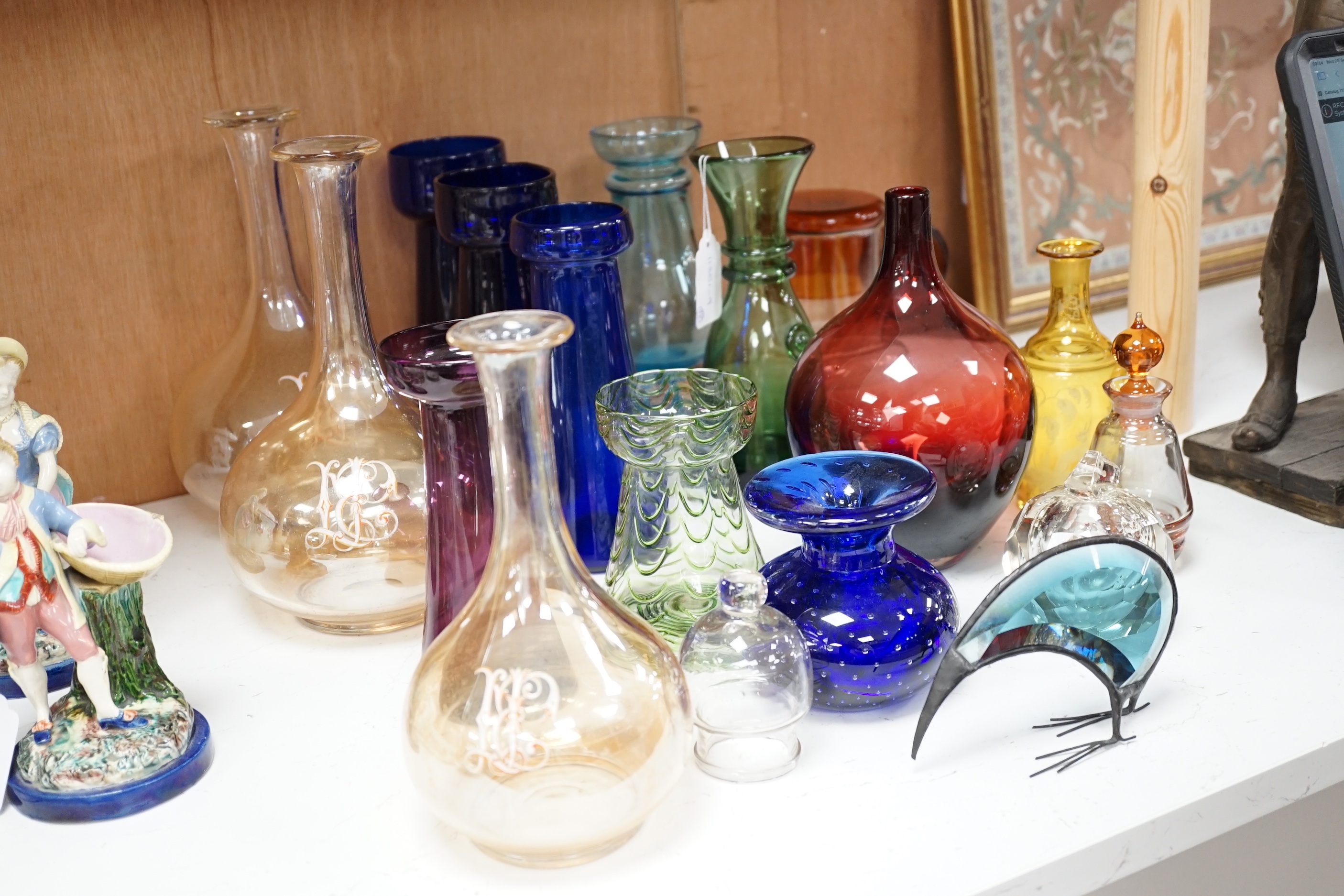 Eighteen glass vases, paperweights etc. Victorian to 20th century, largest 25cm high